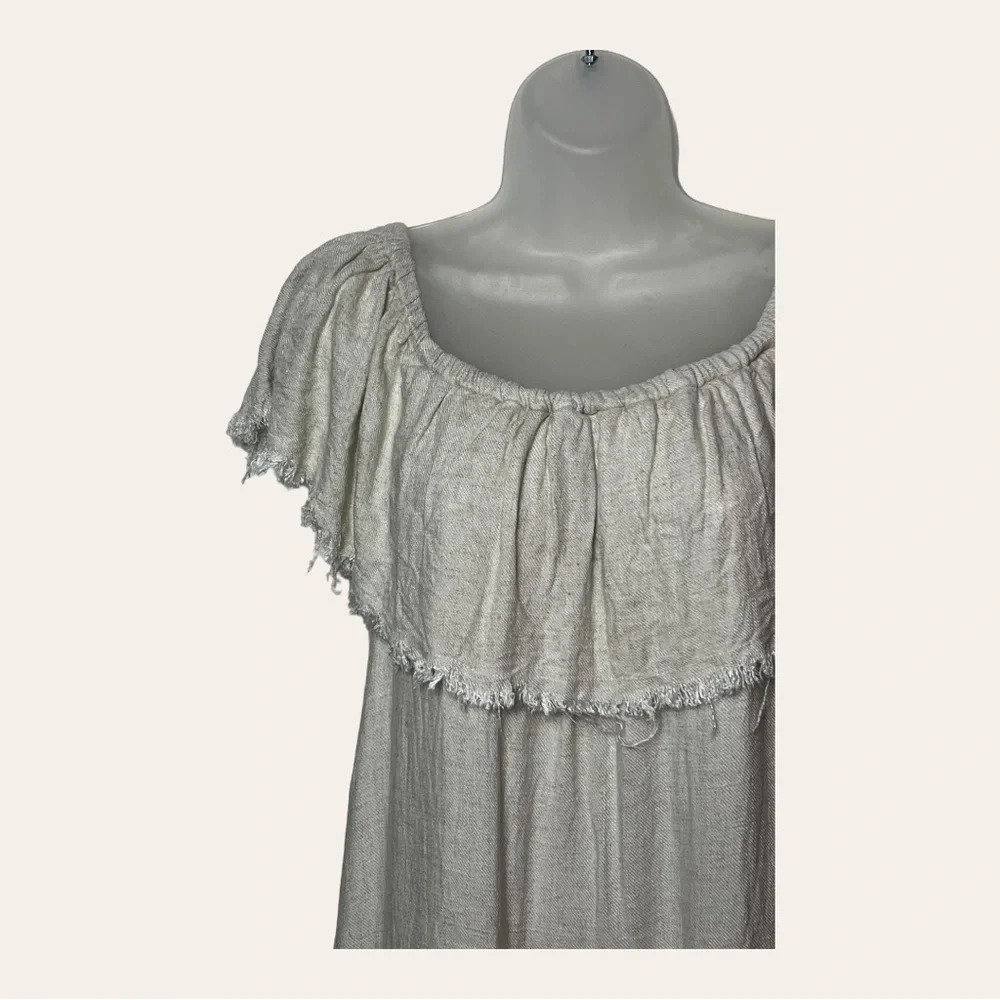 0089. Umgee OFF SHOULDER BOHO MINI DRESS BEIGE IN COLOR SIZE SMALL FRAYED - Picture 3 of 9